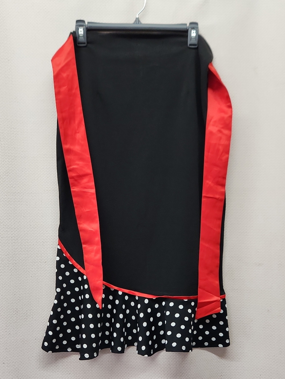 Black Midi Skirt with Red Trim and Polka Dot Flounce